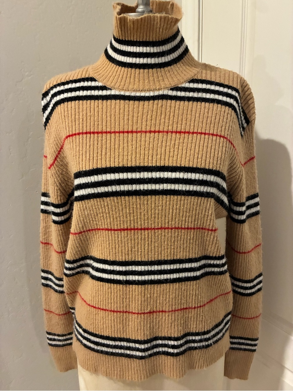 Striped Ribbed Turtleneck Sweater - Camel/Black/White/Red